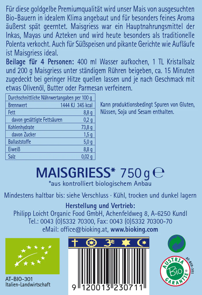 BioKing Bio Maisgriess Polenta, 500g-750g