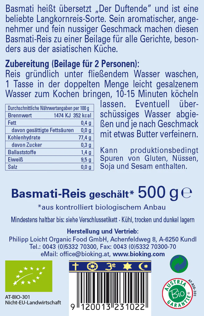 BioKing Echter Indischer Bio Basmati-Reis Geschält, 500g-1000g