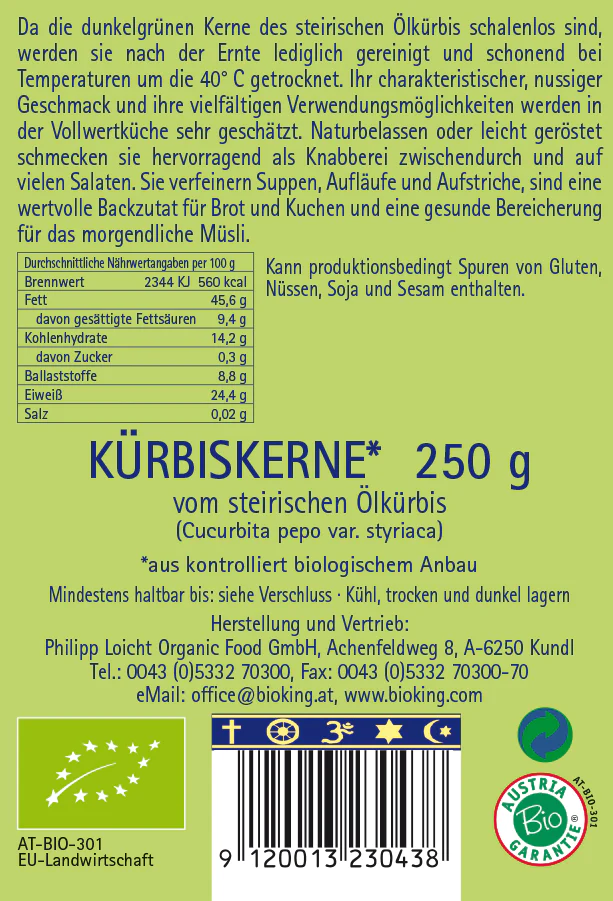 BioKing Bio Kürbiskerne vom Steirischen Ölkürbis Vegan, 250g-1000g