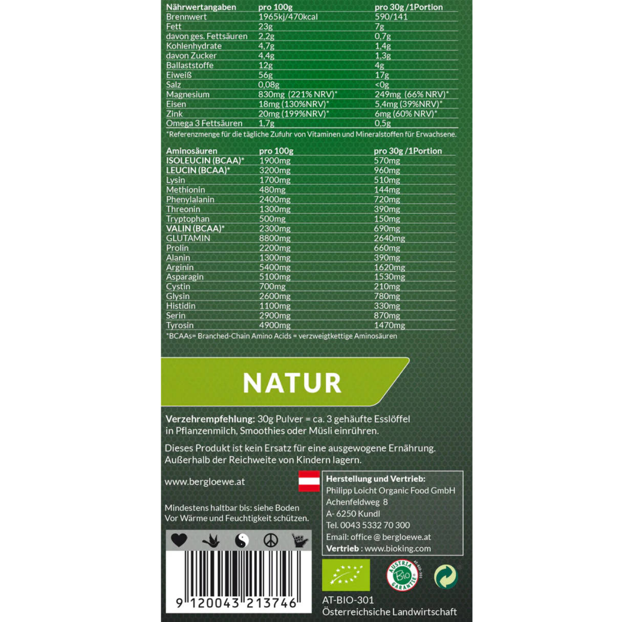 Berglöwe Bio Hanfprotein Natur Vegan