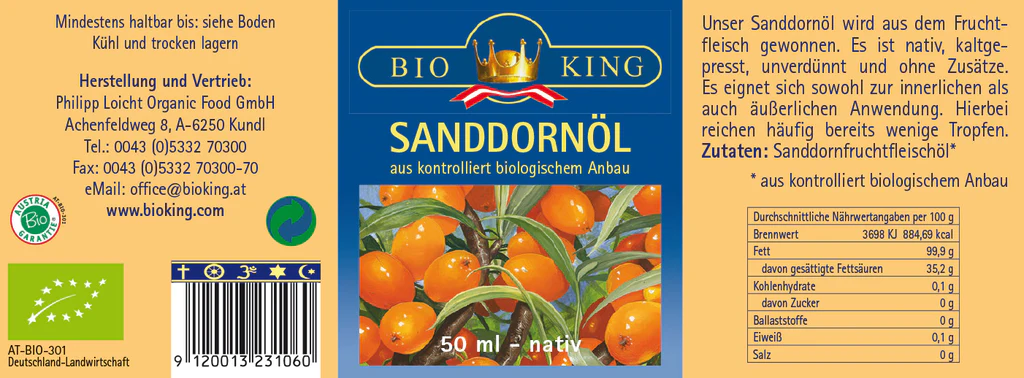 BioKing Bio Sanddorn-Fruchtfleischöl, 50ml