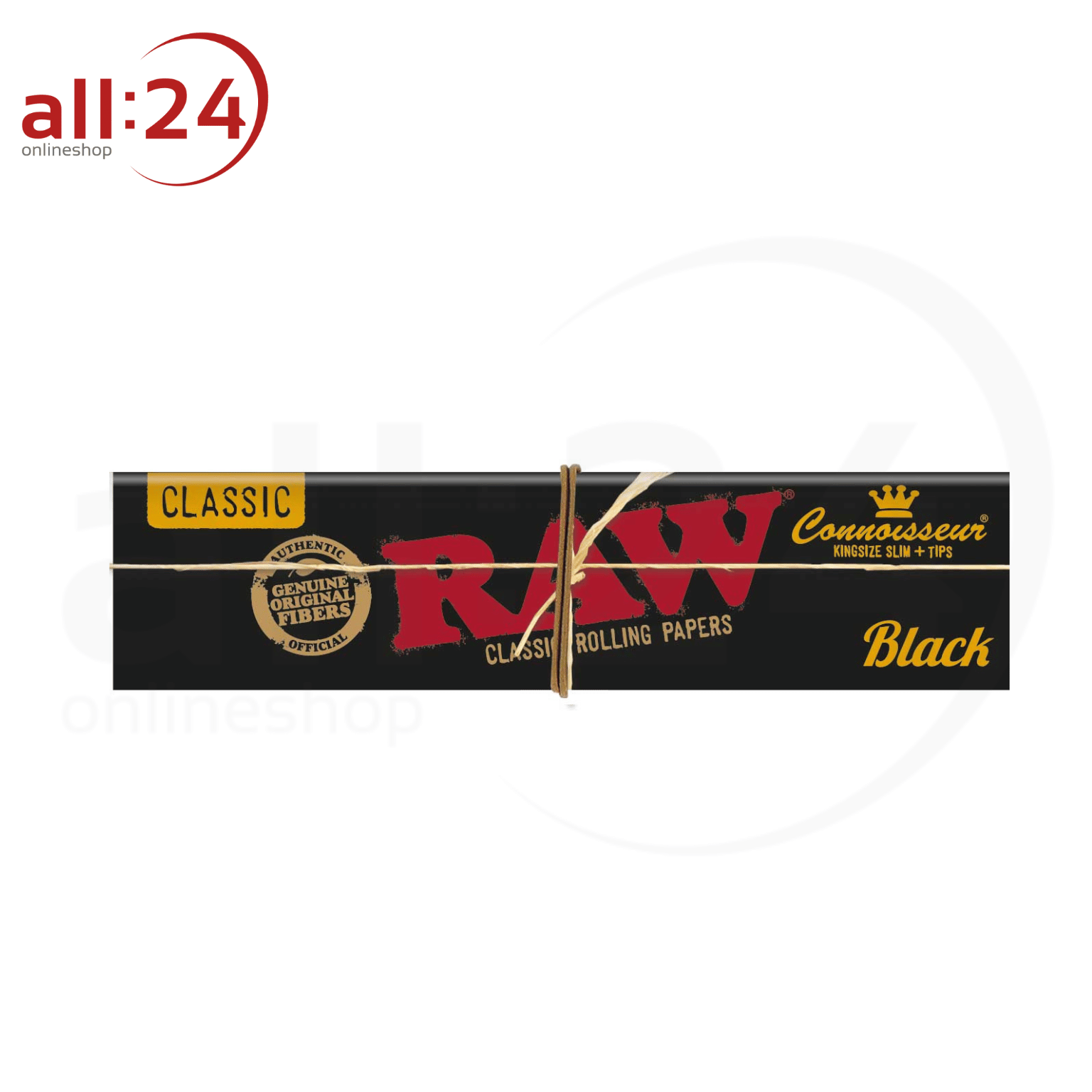 BOX RAW Black Rolling Paper Connoisseur King Size Slim + Tips 24 Stück