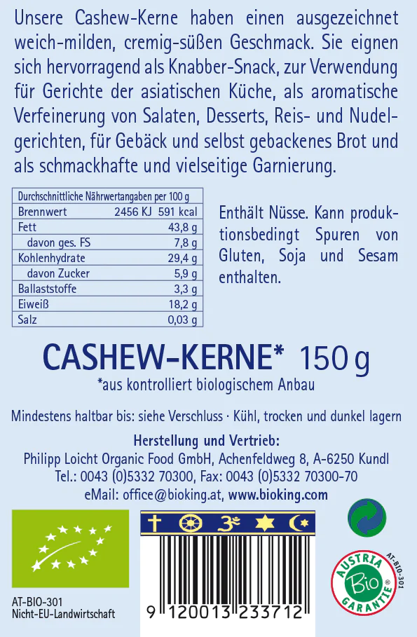 BioKing Bio Cashewkerne, 150g-500g
