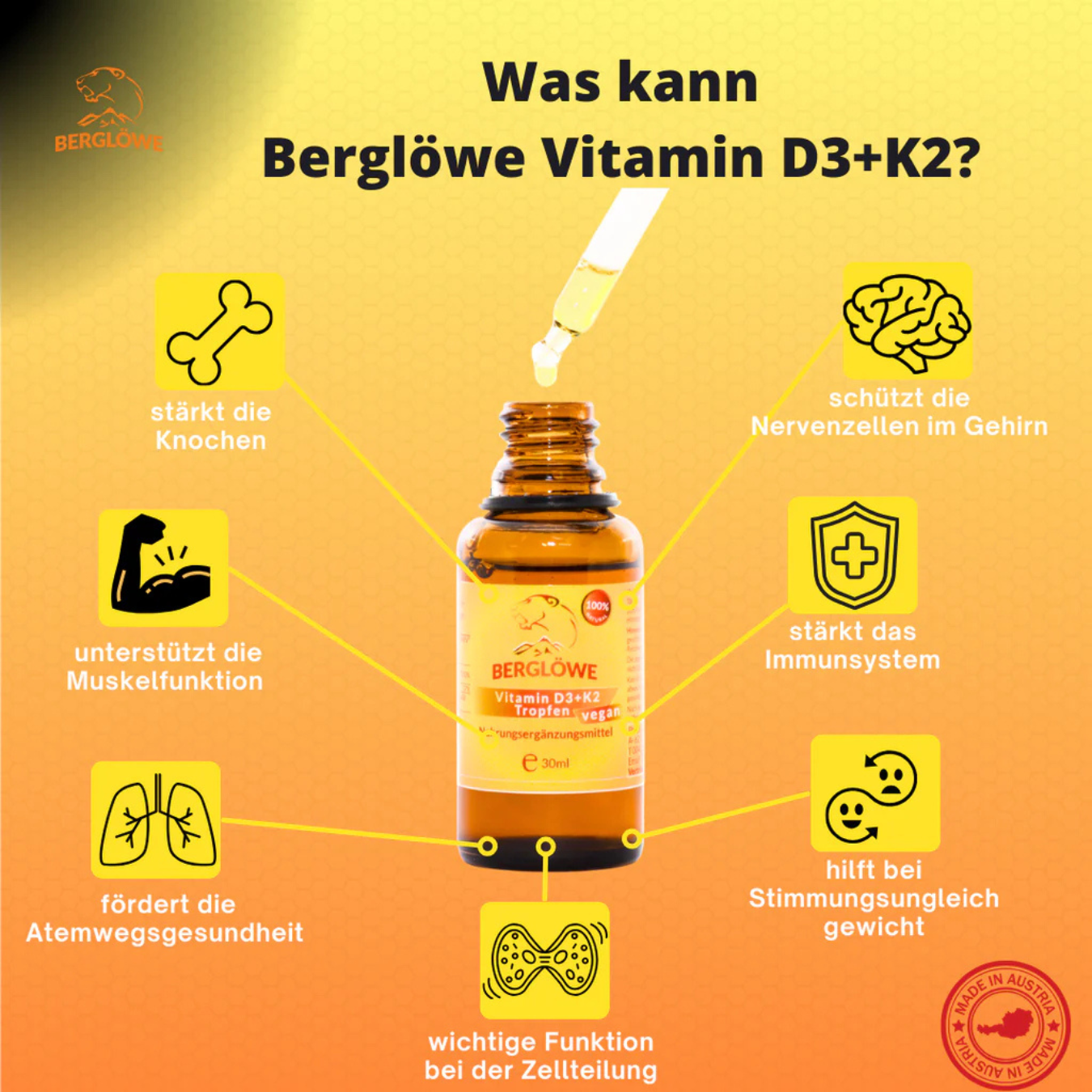 Berglöwe Flüssiges Vitamin D3 + K2 Tropfen 30ml Vegan