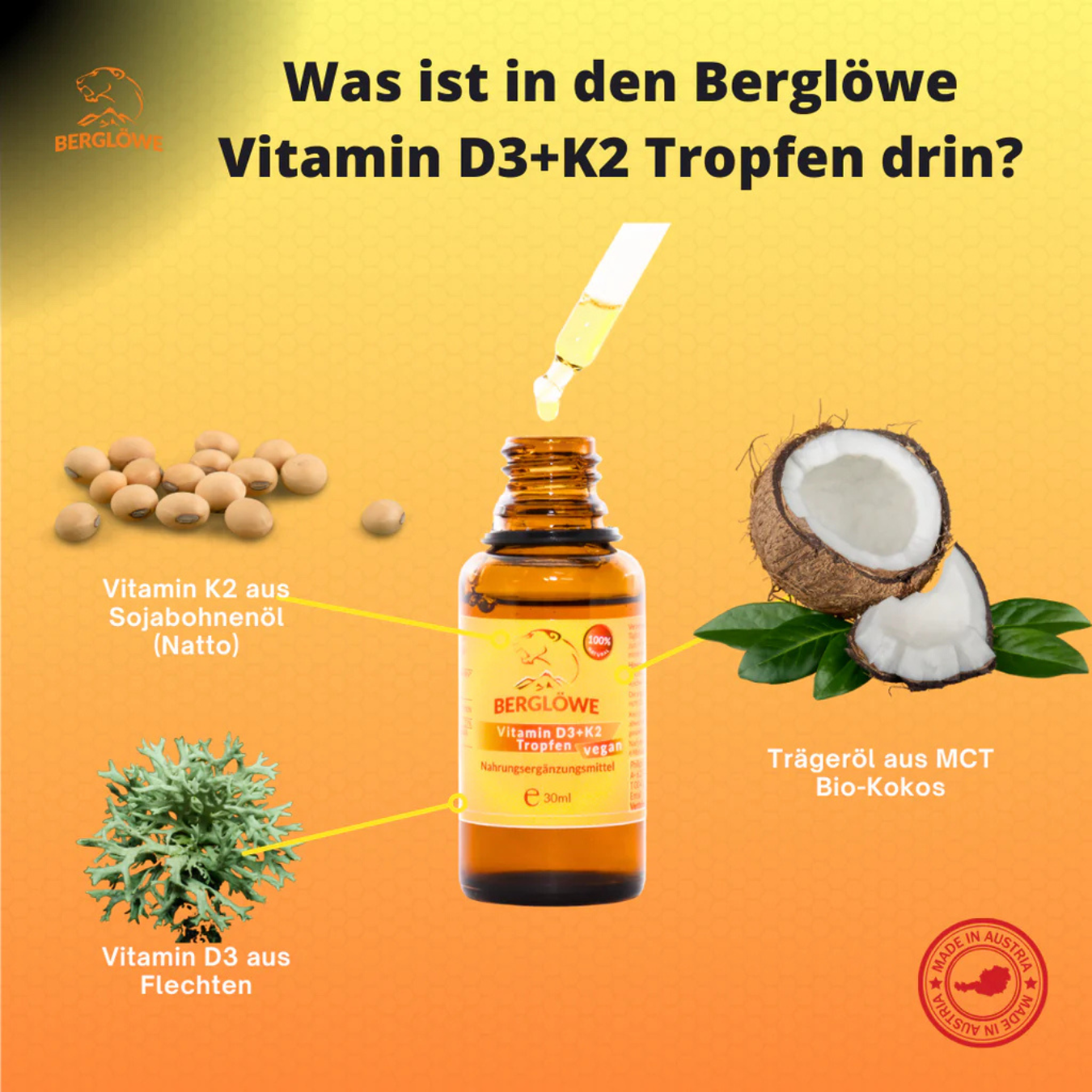 Berglöwe Flüssiges Vitamin D3 + K2 Tropfen 30ml Vegan