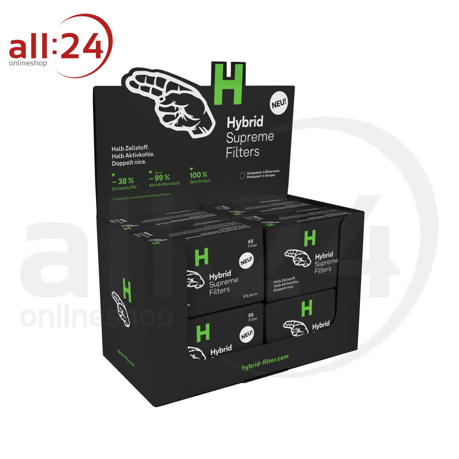 Hybrid Supreme Filter: halb Aktivkohle und Zellstoff - Display mit 8 Packungen