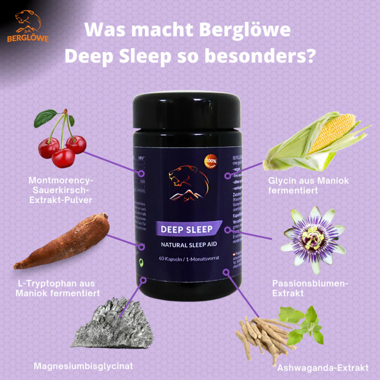 Berglöwe Deep Sleep Kapseln Natürliche Schlafhilfe 60 Stück