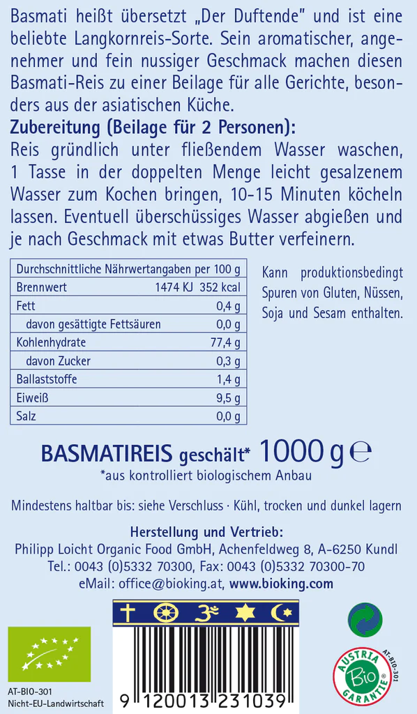 BioKing Echter Indischer Bio Basmati-Reis Geschält, 500g-1000g