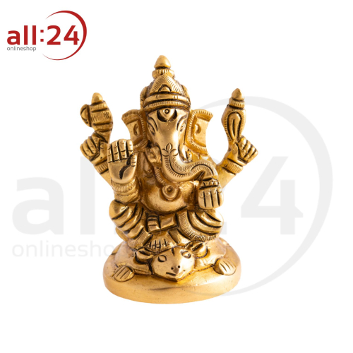 Ganesh mit Maus - Messingstatue mit mattem Goldfinish 