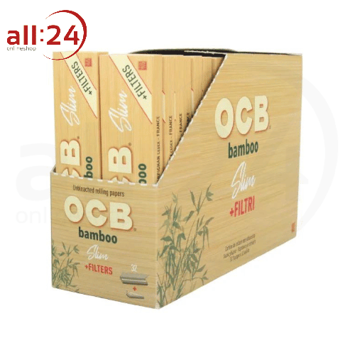 BOX OCB Bamboo King Size Slim Zigarettenpapier + Filter Tips - 50 Stück, Ungebleichte Bambusfasern 