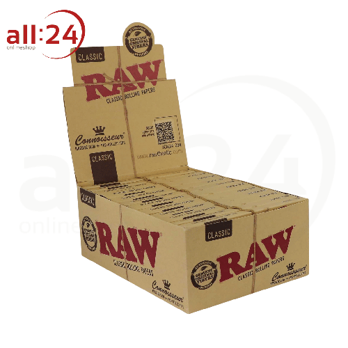 BOX RAW Connoisseur Classic King Size Rolling Paper mit Filter Tips, 24 Stück 