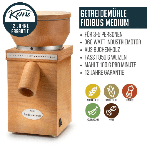 KoMo Fidibus medium Getreidemühle - Vielseitiges Mahlen in mittlerer Größe glutenfrei