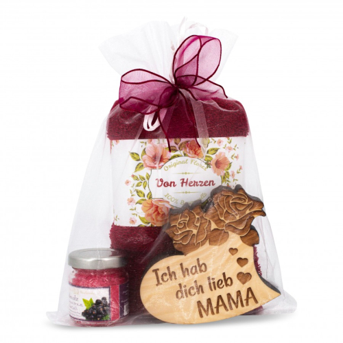 Geschenkset Mama Herz mit Handtuch Fuchsia 