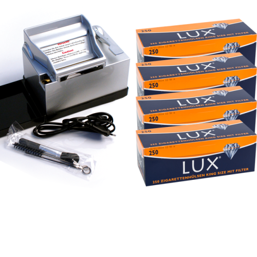 Wert-Set: Powermatic 2 PLUS Silber Stopfmaschine mit 1.000 LUX Zigarettenhülsen 