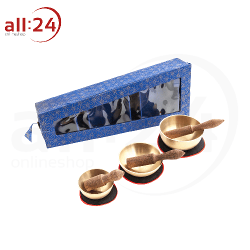 Artikelbild des Artikels “Berk  Klangschalen 3erSet in blauer Box mit Unterlagen, und Klangstäben “