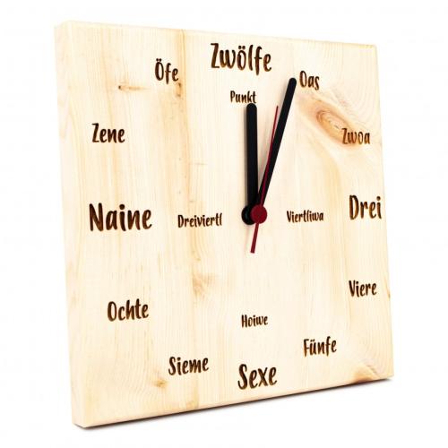 Artikelbild des Artikels “Zirben Wanduhr Tiroler Mundart 25cm x 25cm “