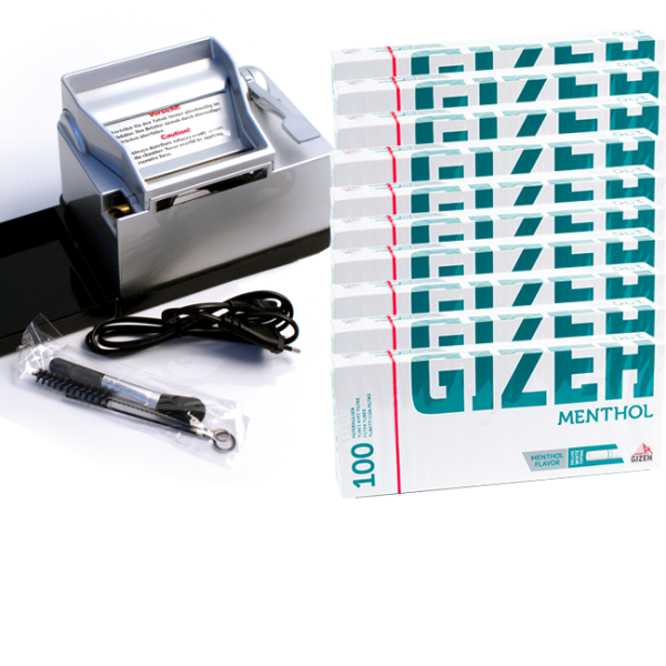 Wert-Set: Powermatic 2 PLUS Silber Stopfmaschine mit 1.000 GIZEH MENTHOL Zigarettenhülsen 
