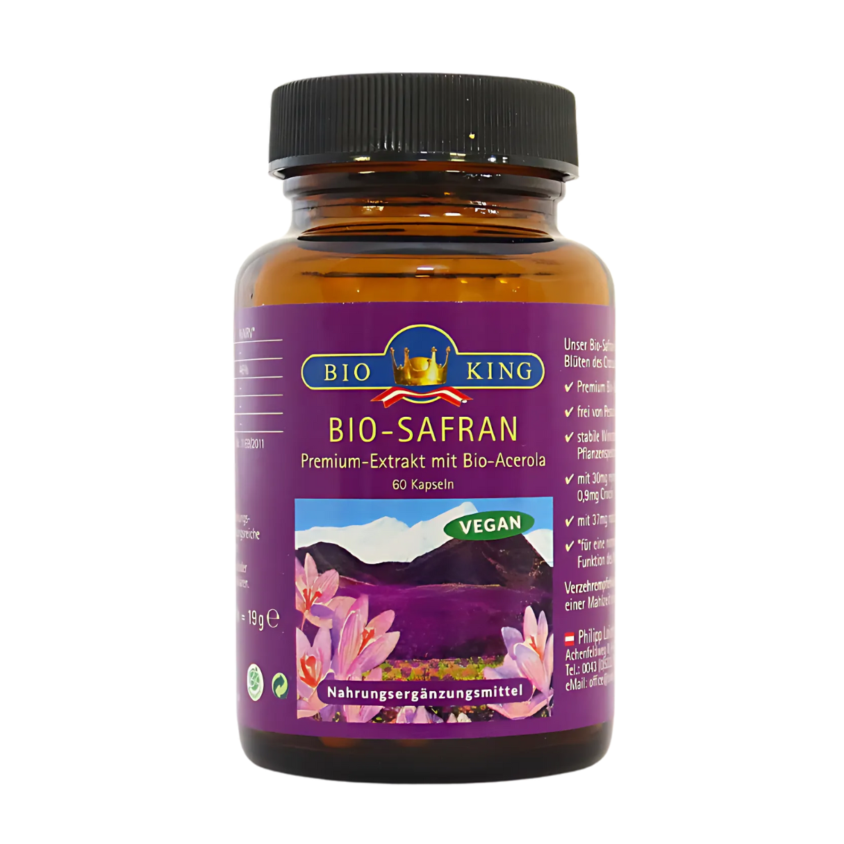 Artikelbild 1 des Artikels “BioKing Bio Safran 37 mg Premium-Extrakt mit Bio Acerola in 60 Kapseln “