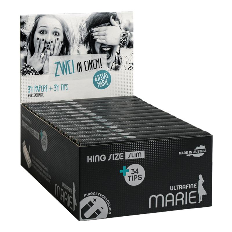 MARIE Box King Size Slim Ultrafine Zigarettenpapier + Filtertips – 32 Blättchen je Heft 
