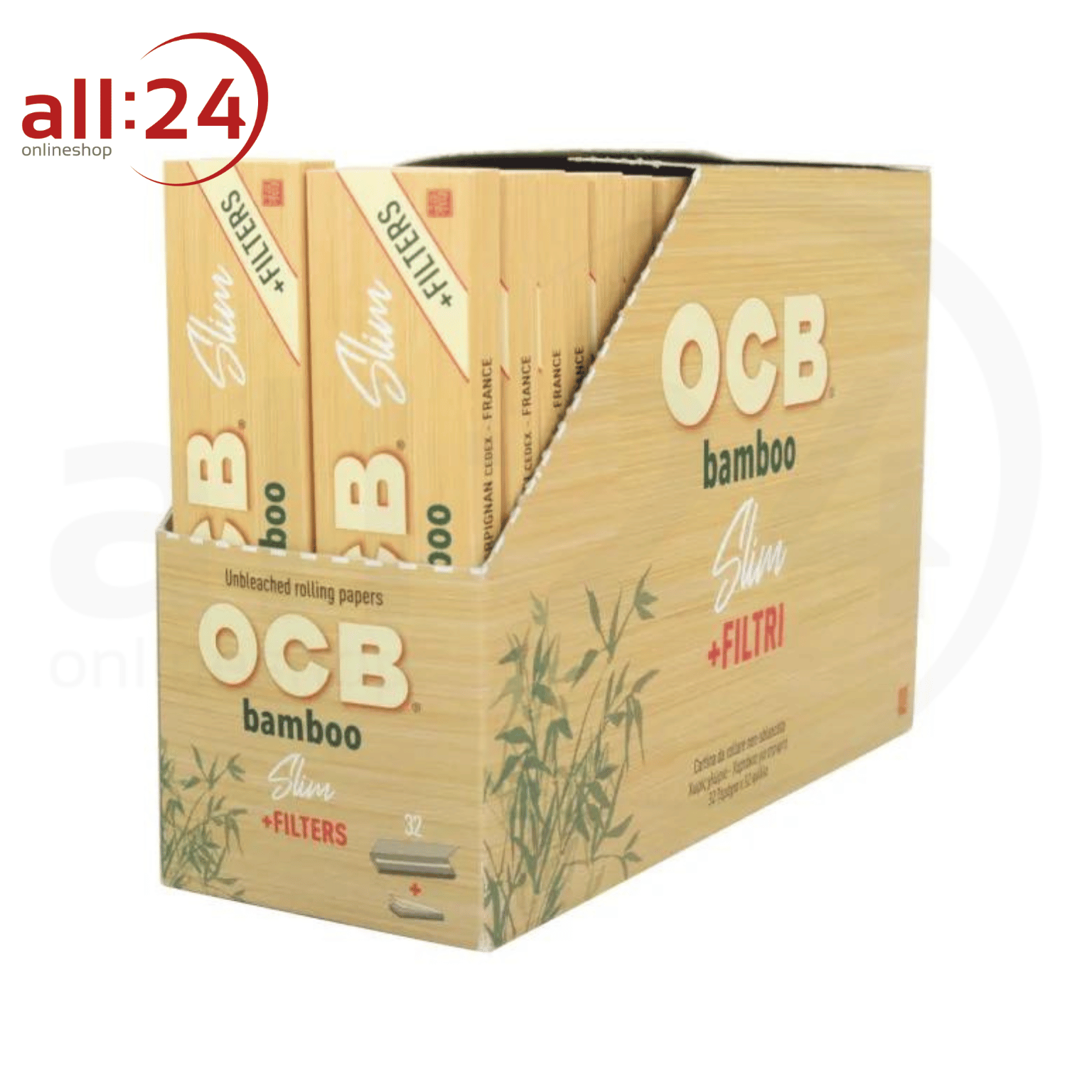 BOX OCB Bamboo King Size Slim Zigarettenpapier + Filter Tips - 50 Stück, Ungebleichte Bambusfasern 