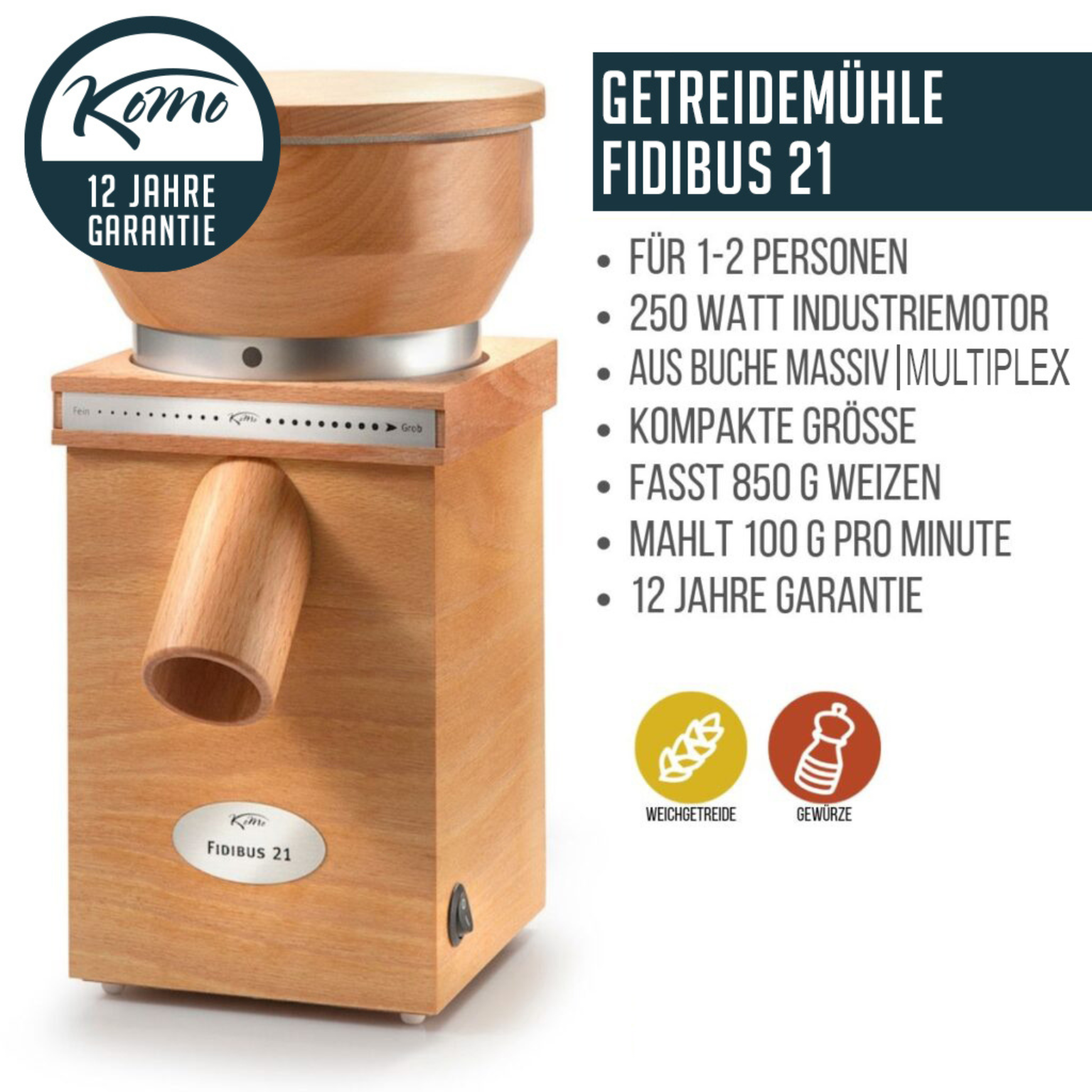 KoMo Fidibus 21 Getreidemühle – Kompakte Leistungsstärke für Ihre Küche 