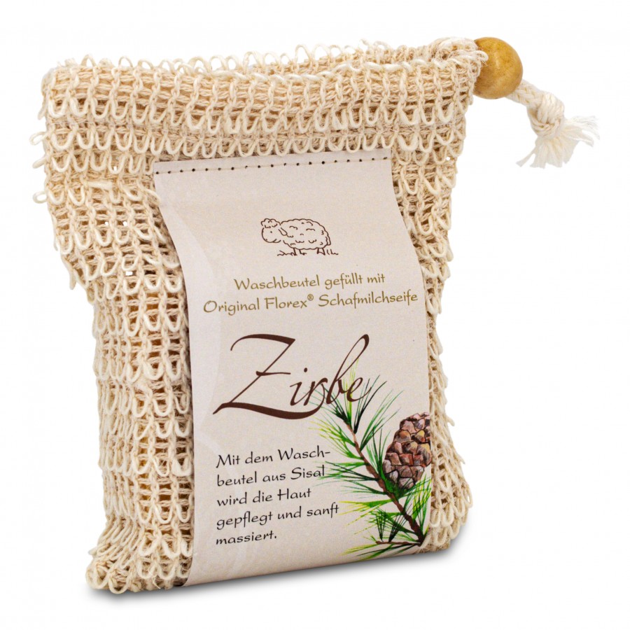 Kaltgerührte Zirben Seife im Sisal Waschbeutel 150g 