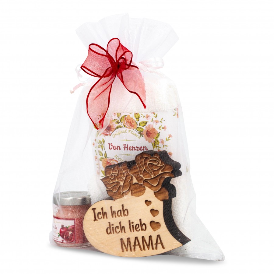 Geschenkset Mama Herz mit Handtuch weiß 