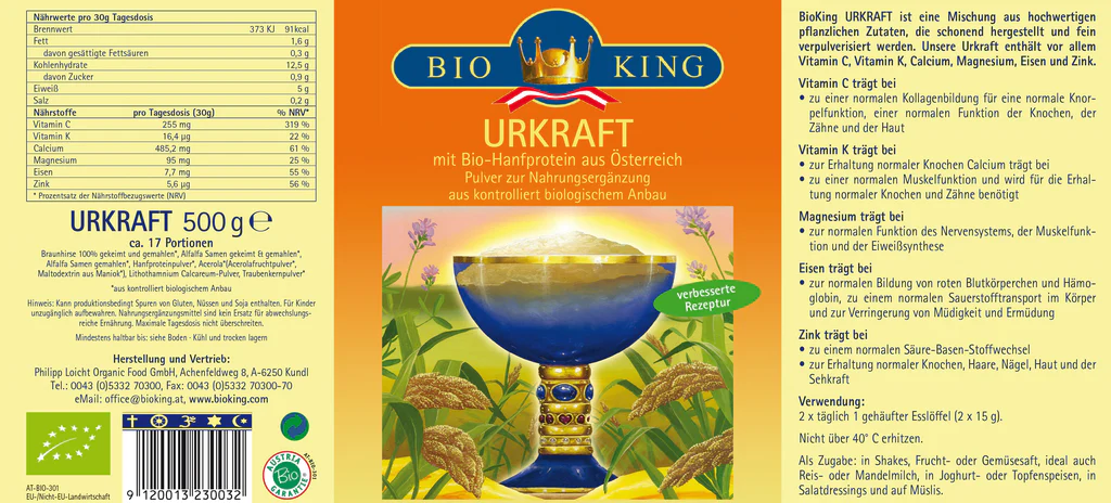 BioKing Urkraft mit Bio-Hanfprotein aus Österreich Pulver, 500g 