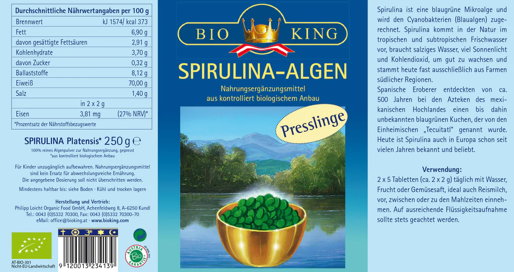 BioKing Bio Spirulina-Algen Presslinge Vegan, 125g - 1000g 