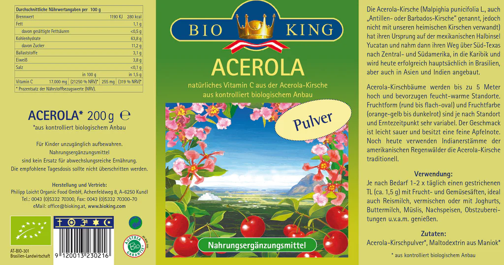 BioKing Bio Acerola Fruchtpulver Vegan, 200g-500g 