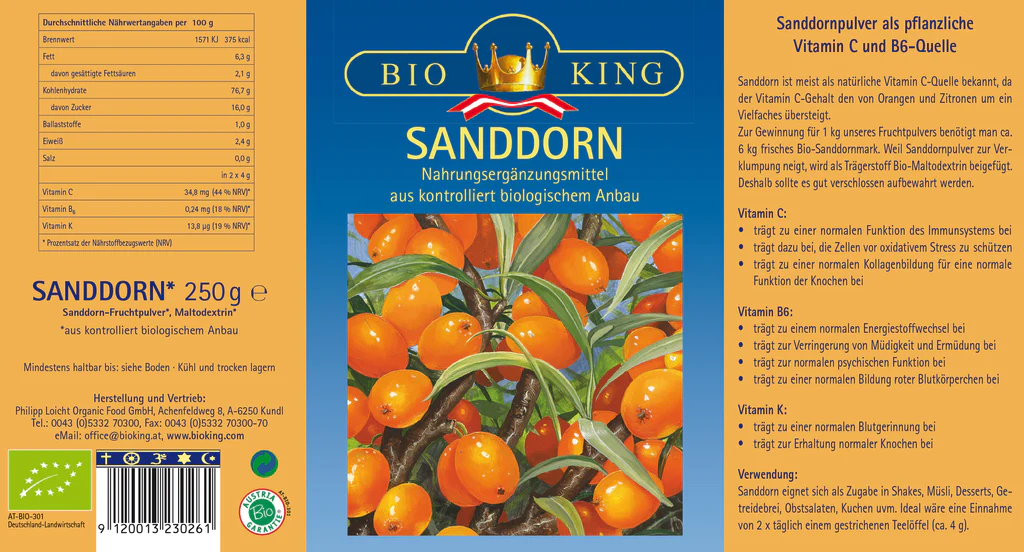 BioKing Bio Sanddorn Fruchtpulver Vegan, 250g-500g 250 g