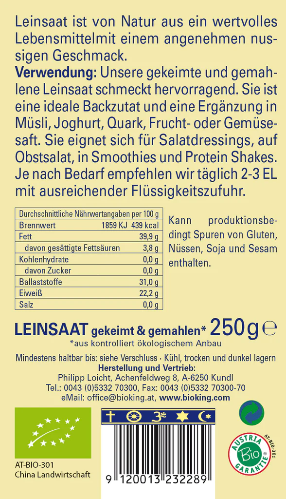 BioKing Bio Leinsaat Gekeimt & Gemahlen Vegan, 250g-450g 250 g