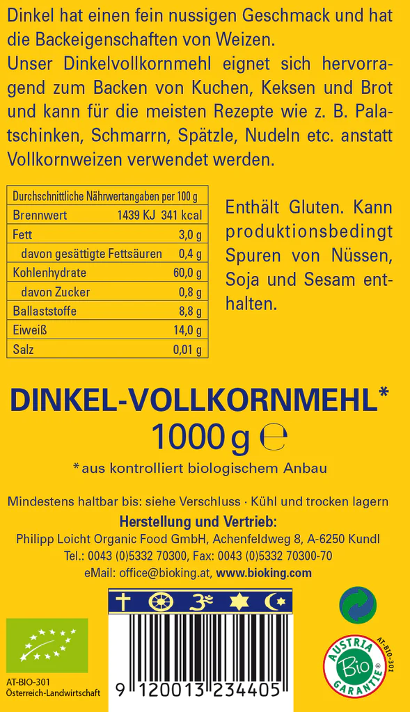 BioKing Dinkelvollkornmehl, biologisch zertifiziert, 1000g 