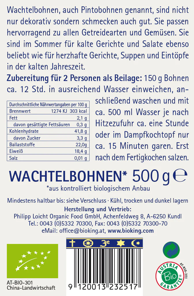 BioKing Bio Wachtelbohnen Pintobohnen, 500g 
