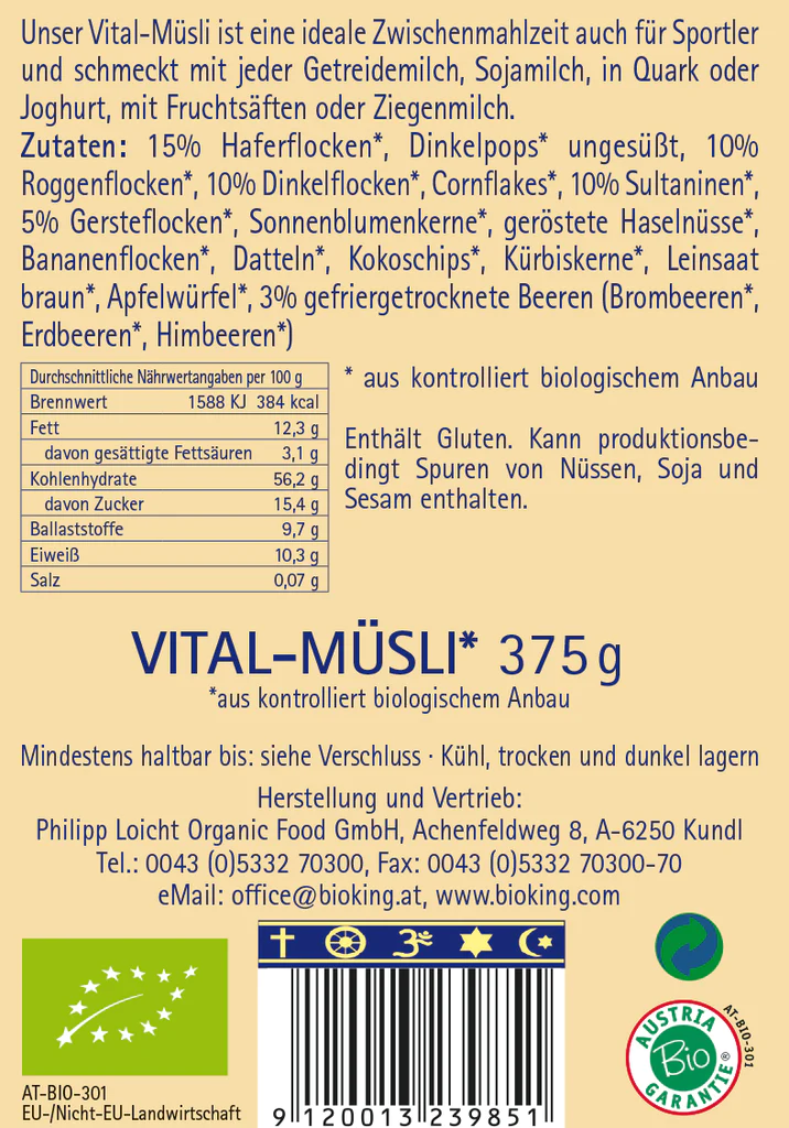 BioKing Bio Vital Müsli Vegan, 375g 