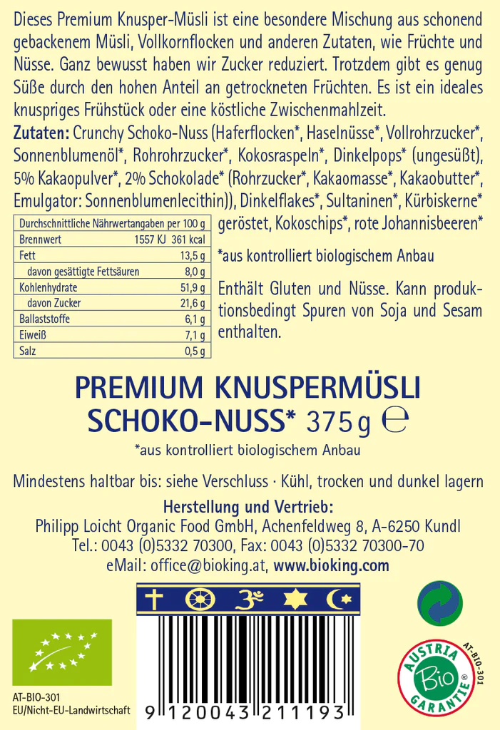 BioKing Bio Premium Knuspermüsli Schoko-Nuss, 375g 