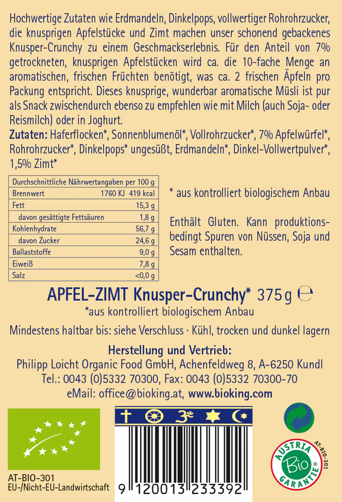BioKing Bio Crunchy Apfel-Zimt, 375g 