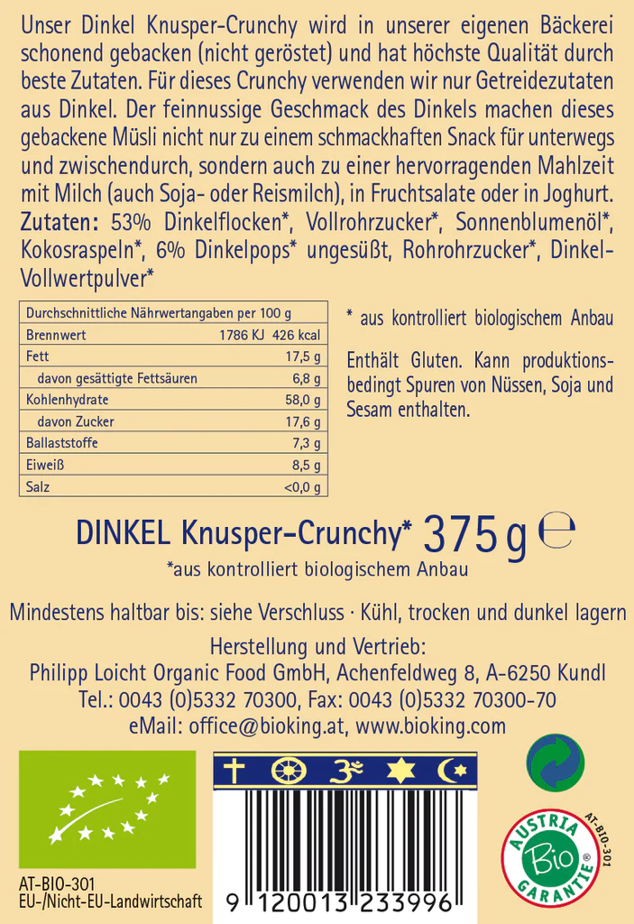 BioKing Bio Crunchy Dinkel Vegan, 375g 