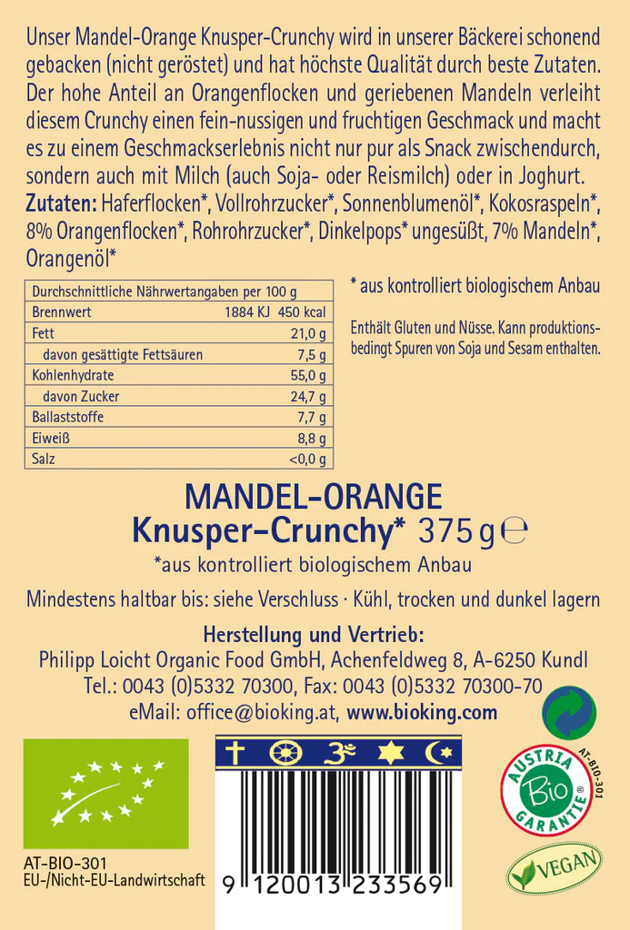 BioKing Bio Crunchy Mandel-Orange, 375g 