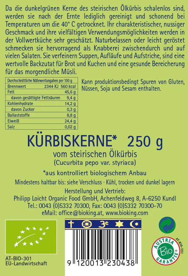 BioKing Bio Kürbiskerne vom Steirischen Ölkürbis Vegan, 250g-1000g 250 g