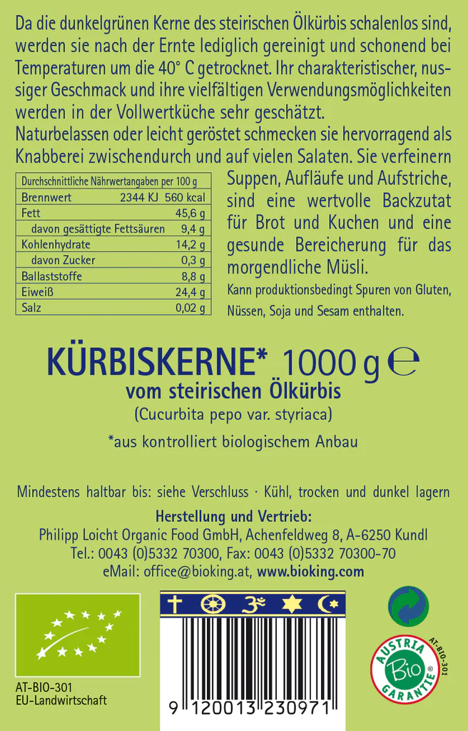 BioKing Bio Kürbiskerne vom Steirischen Ölkürbis Vegan, 250g-1000g 1000 g