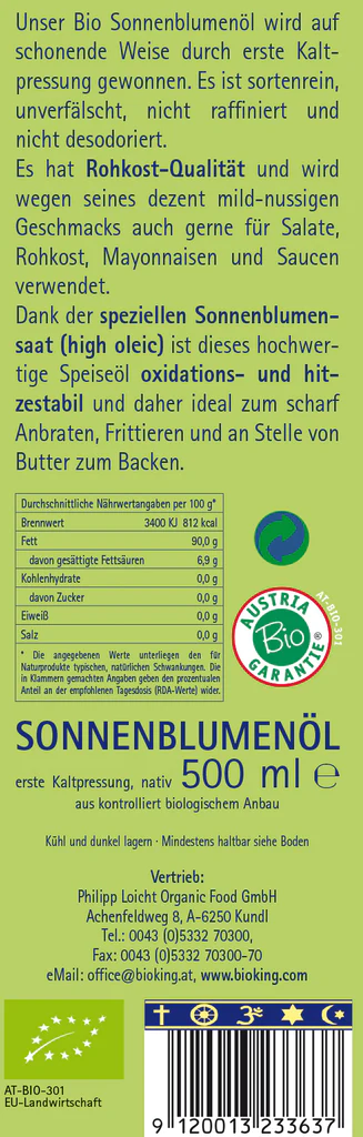 BioKing Sonnenblumenöl, kaltgepresst, aus biologischem Anbau, 500ml 