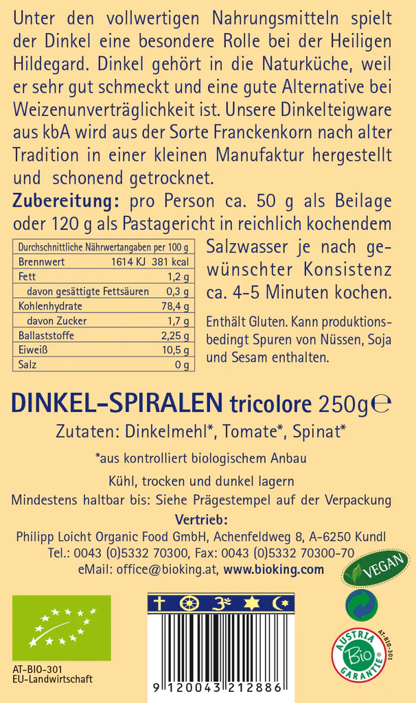 BioKing Bio Dinkel-Spiralen Tricolore, 250g 