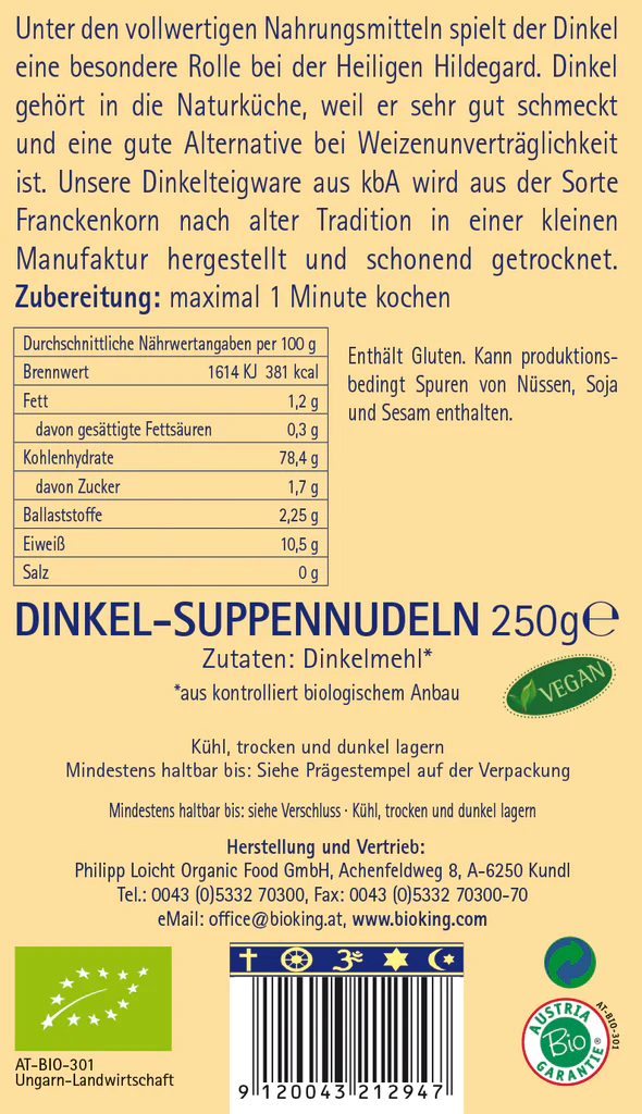 BioKing Dinkel Suppennudeln 250g, Bioqualität 