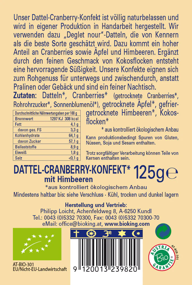 BioKing Bio Dattel-Cranberry-Konfekt mit Himbeeren, 125g 