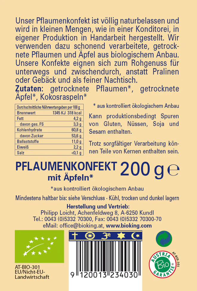BioKing Bio Pflaumenkonfekt mit Apfel Vegan, 200g 