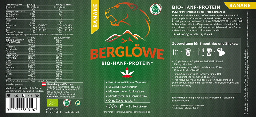 Berglöwe Bio Hanfprotein Banane Vegan ohne Zuckerzusatz, 400g 