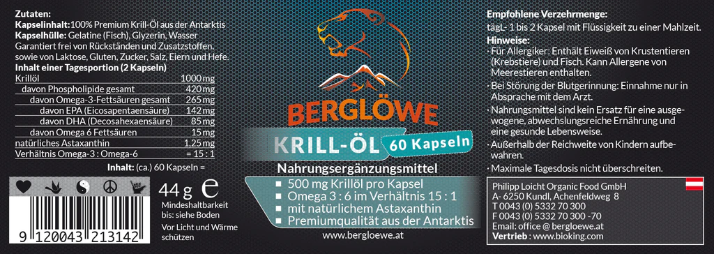 Berglöwe Omega 3 aus Krill-Öl, 44g-88g 
