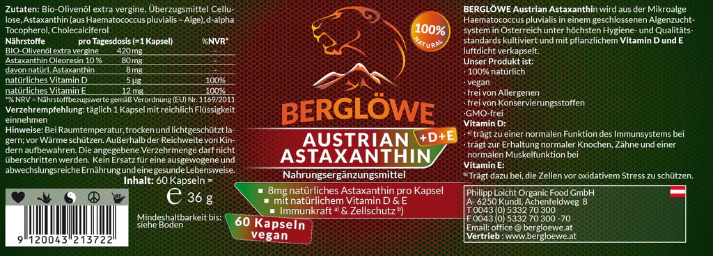 Österreichisches Astaxanthin + Viamin D3 + Vitamin E 36g