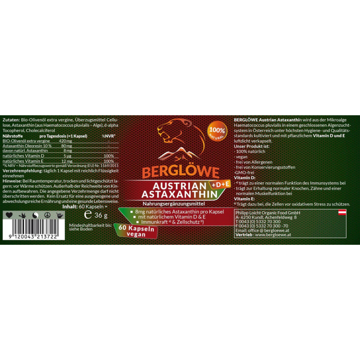 Berglöwe Österreichisches Astaxanthin + Viamin D3 + Vitamin E 72g